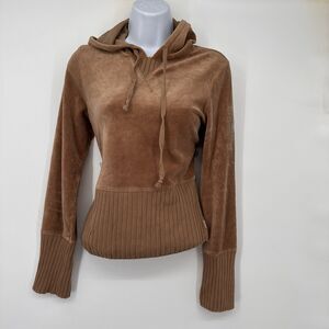 Y2k Calvin Klein  camel Sportswear Velour Cropped‎ Pullover Hoodie ‘Tan Small